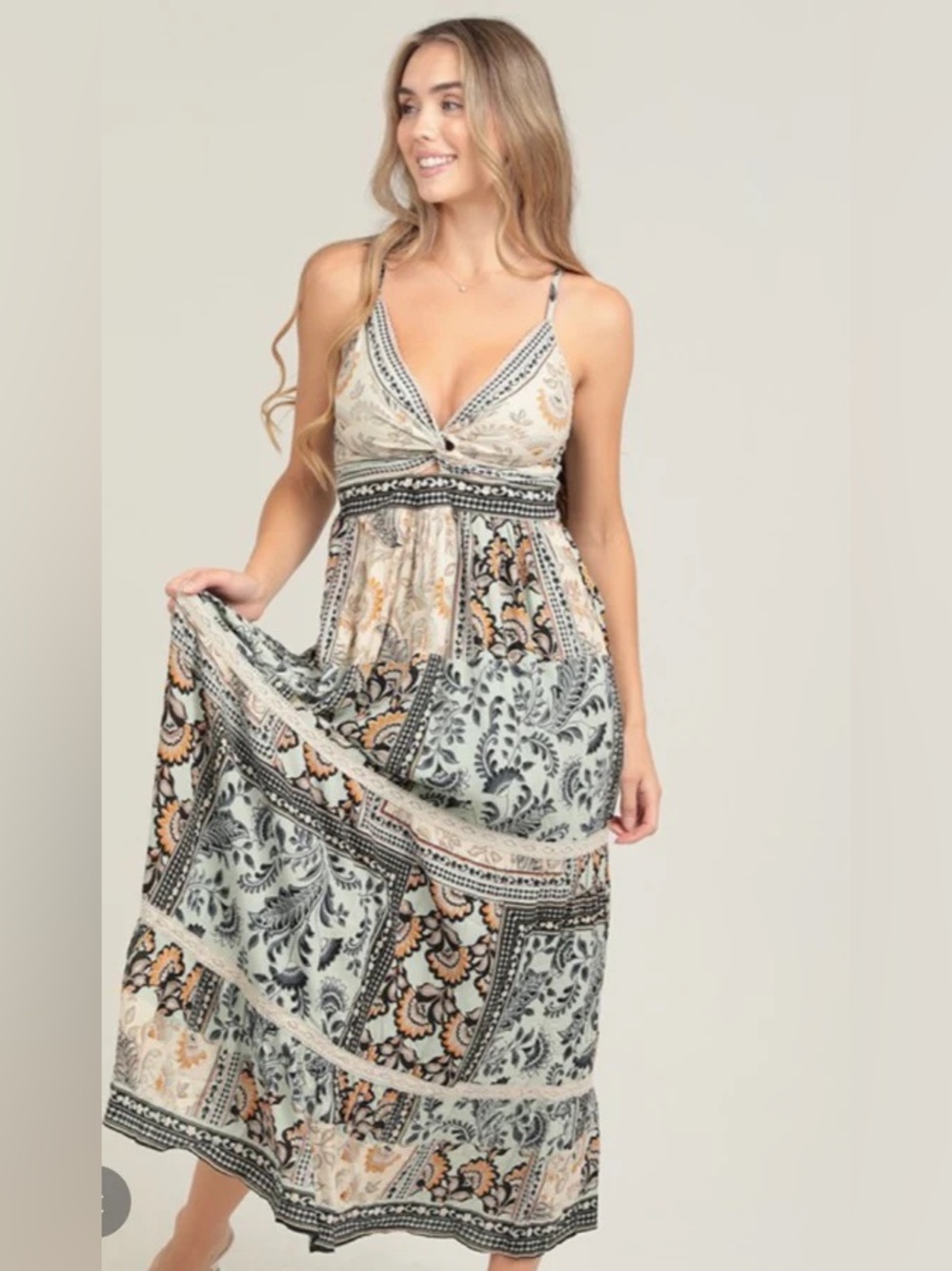 Angie Madeira Mint & Natural Print V-Neck Tank MIDI Dress by